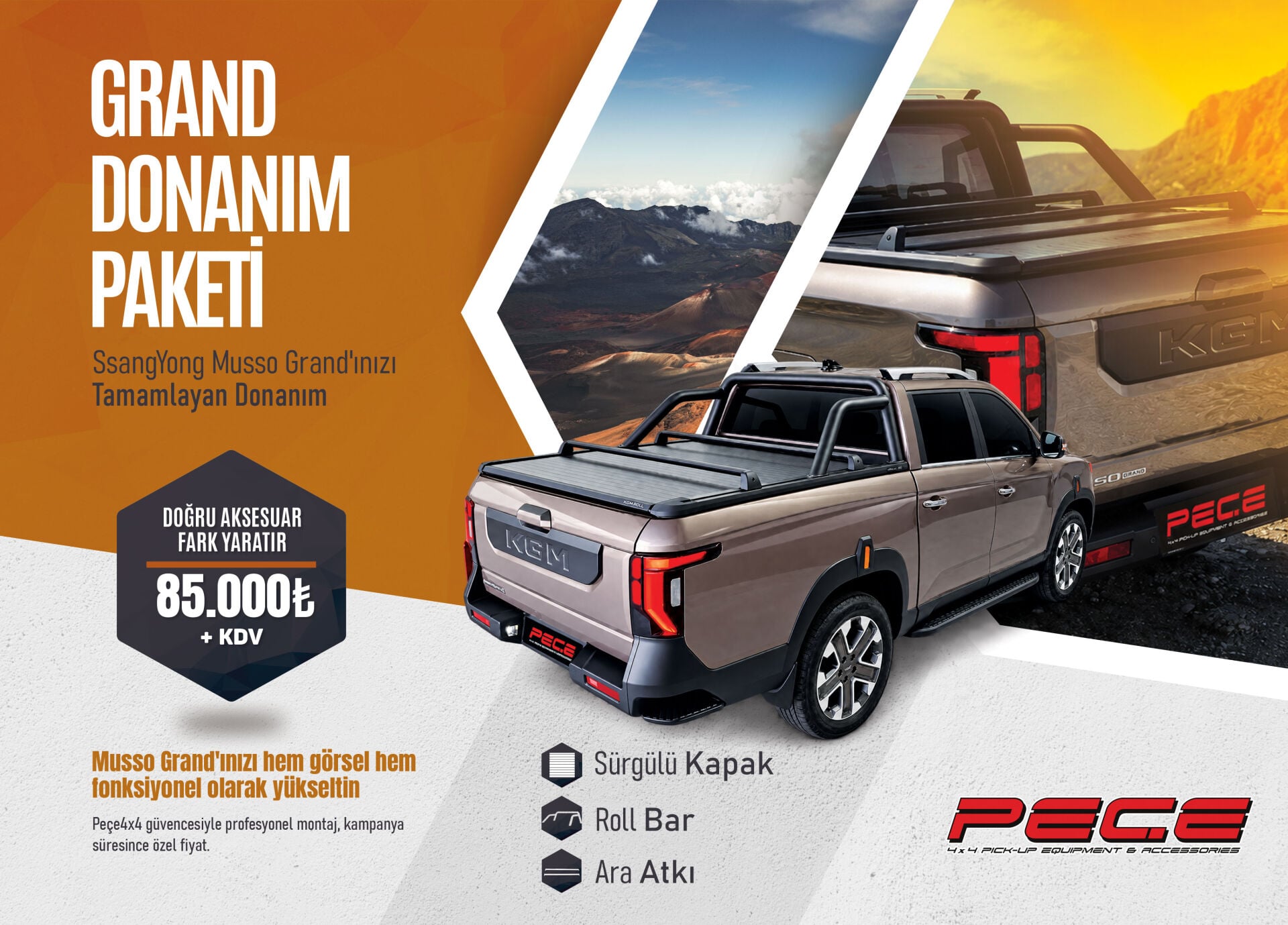 Musso Grand Donanım Paketi | Sürgülü Kapak-Roll Bar-Ara Atkı